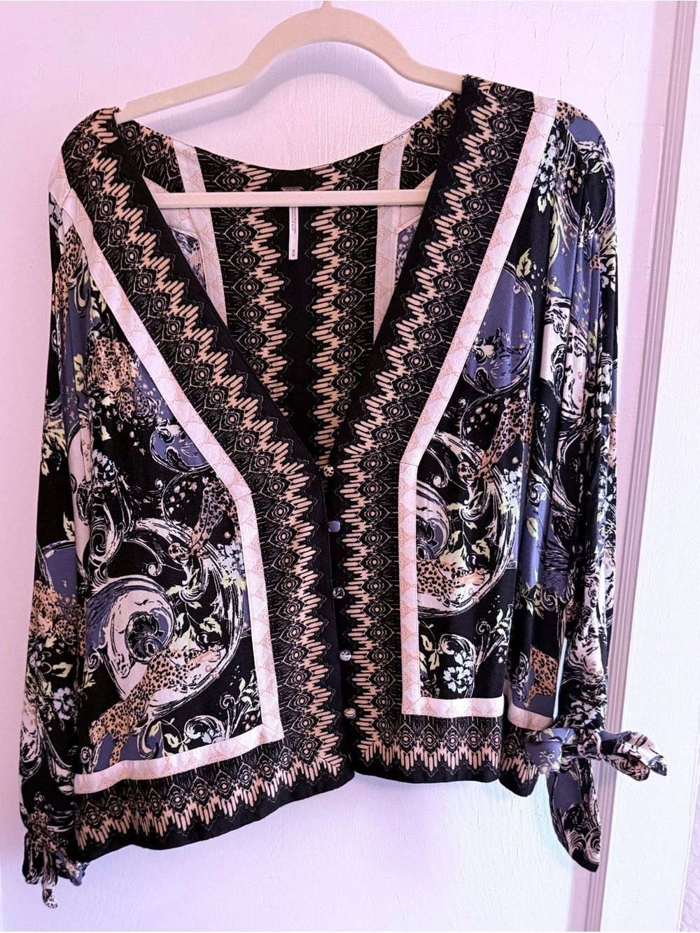 Free People Mixed Print Tie Sleeve Boho Blouse Top